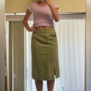 Lucinda Eden Vintage Custom Green Textured Pencil Skirt Midi Front Slit Trim